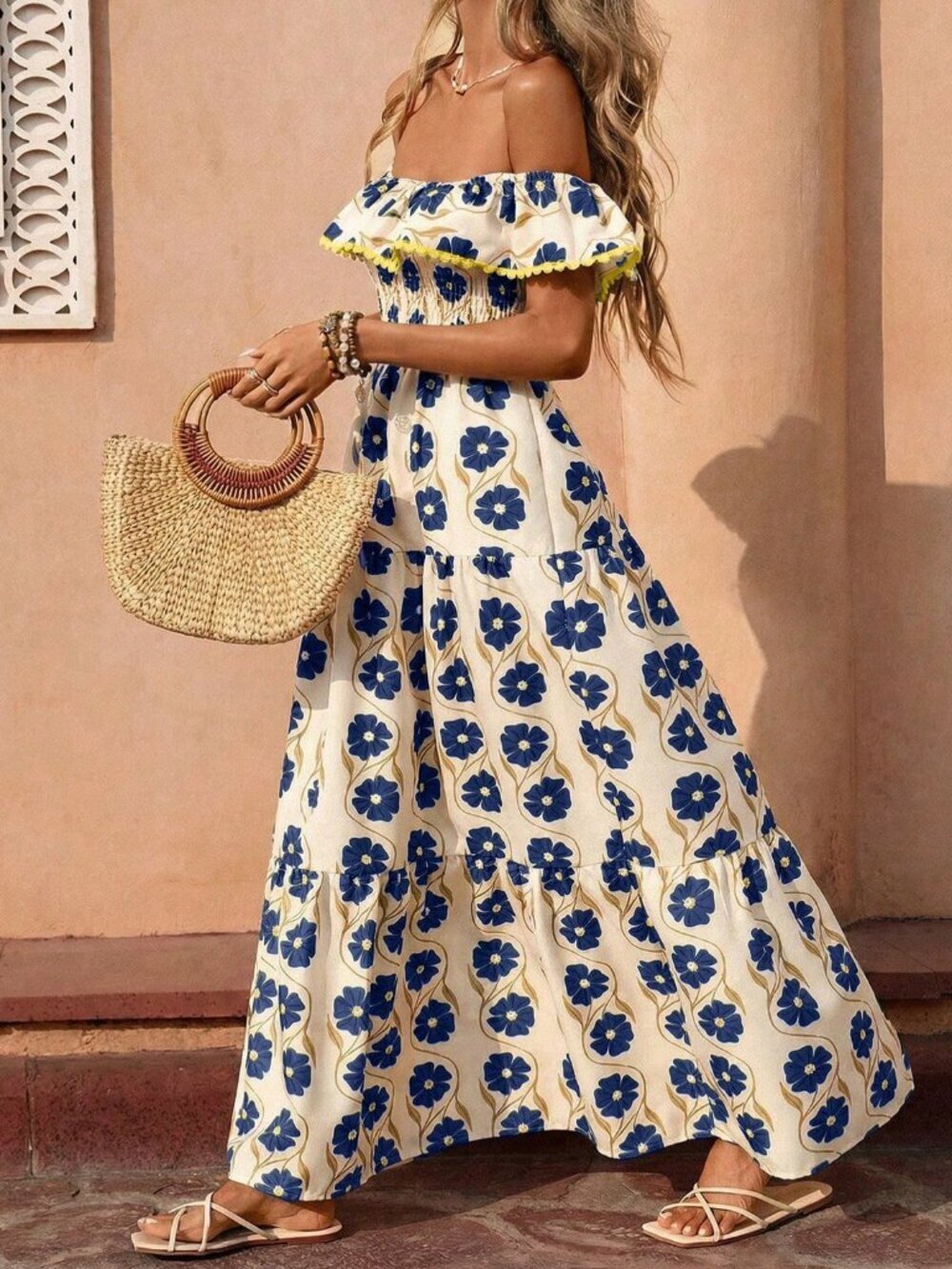 Navy Blue Boho Women's Elegant Long Dress with Ruffle